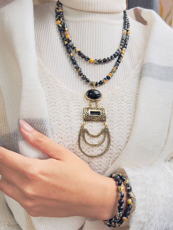 Arabic Tradition Set - Agate Stones And Copper Pendant