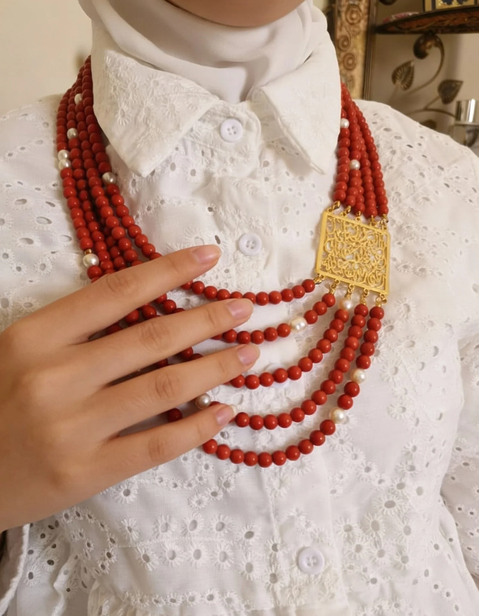 Arabic Necklace - Red Marjan and Pearl - Image 2