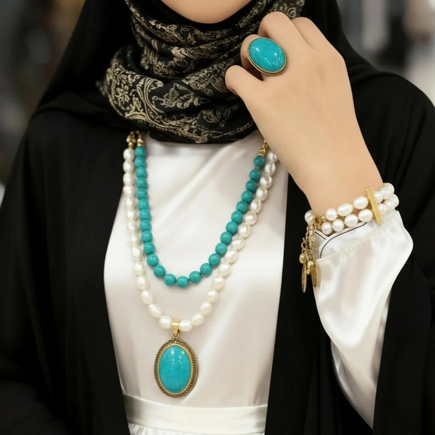 Fatma Pearl and Turquoise Necklace Set - Image 2