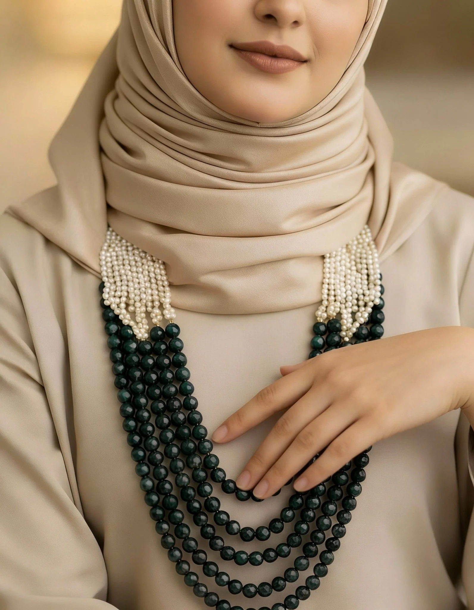 Luxury Necklace - Dark Green Agate and Pearl - Image 2