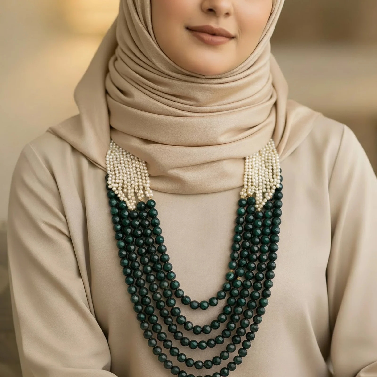 Luxury Necklace - Dark Green Agate and Pearl - Image 3