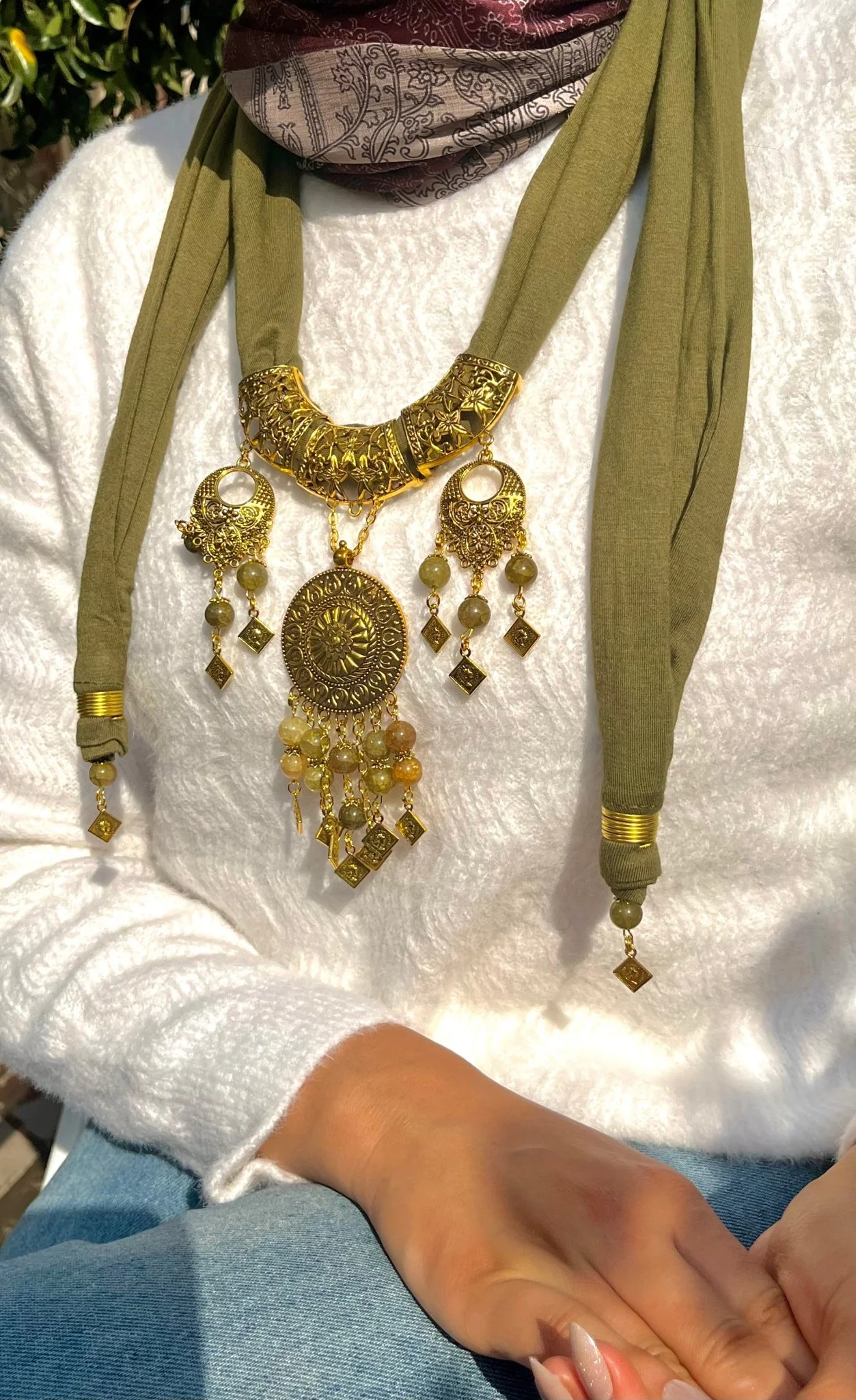 Soft Olive Necklace Scarf - Cotton - Image 2