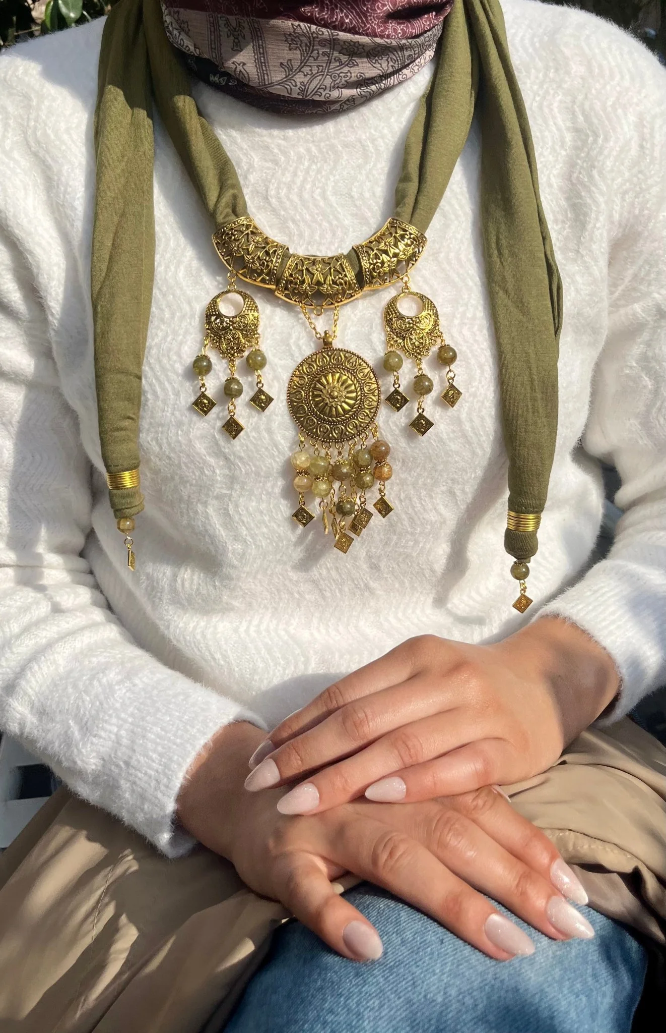 Soft Olive Necklace Scarf - Cotton - Image 4